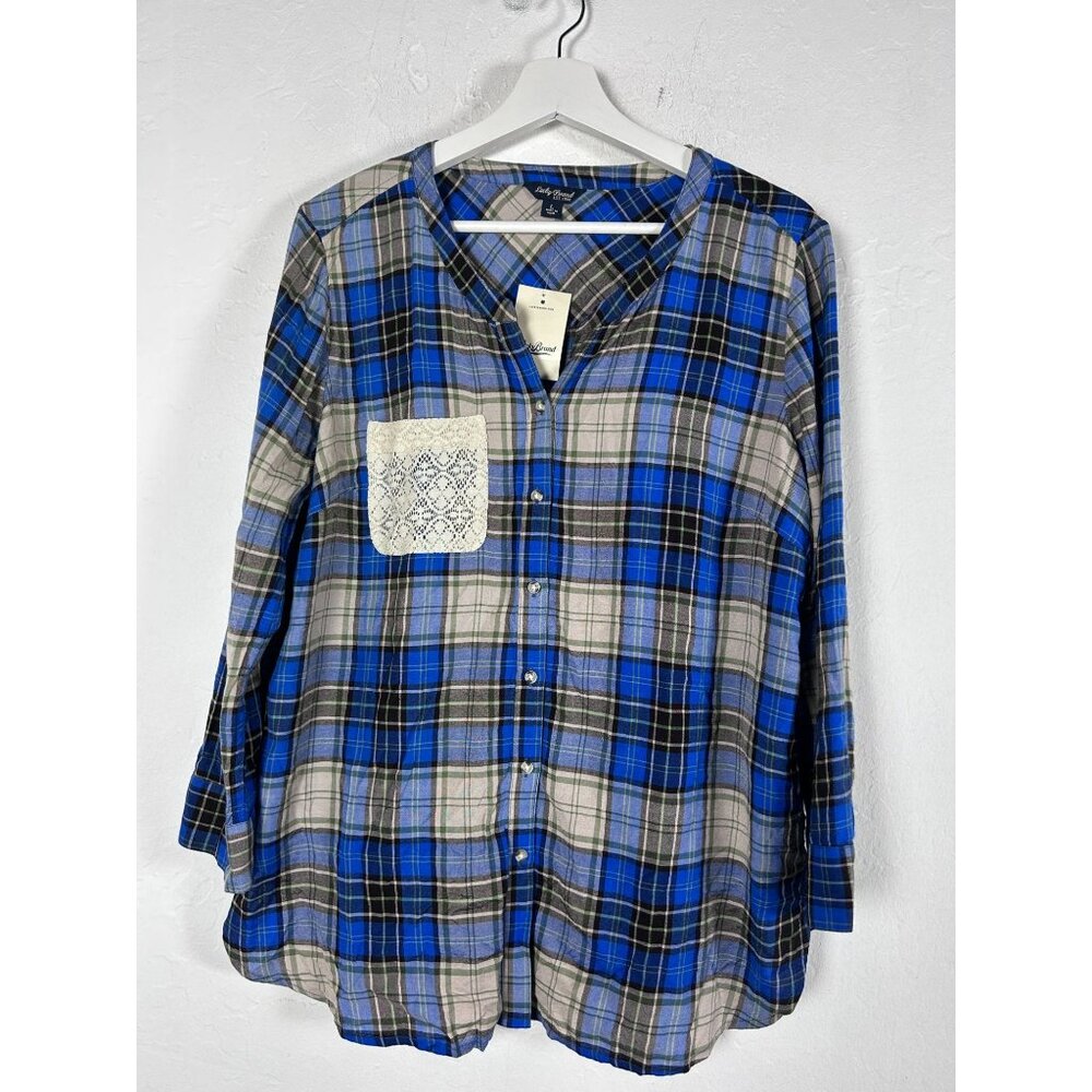 Lucky Brand Womens Blue Plaid Button Down Tunic Top Shirt Large Long Sleeve New